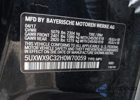 2017 BMW X3 xDrive28I из США, поврежденный, VIN 5UXWX9C32H0W70059